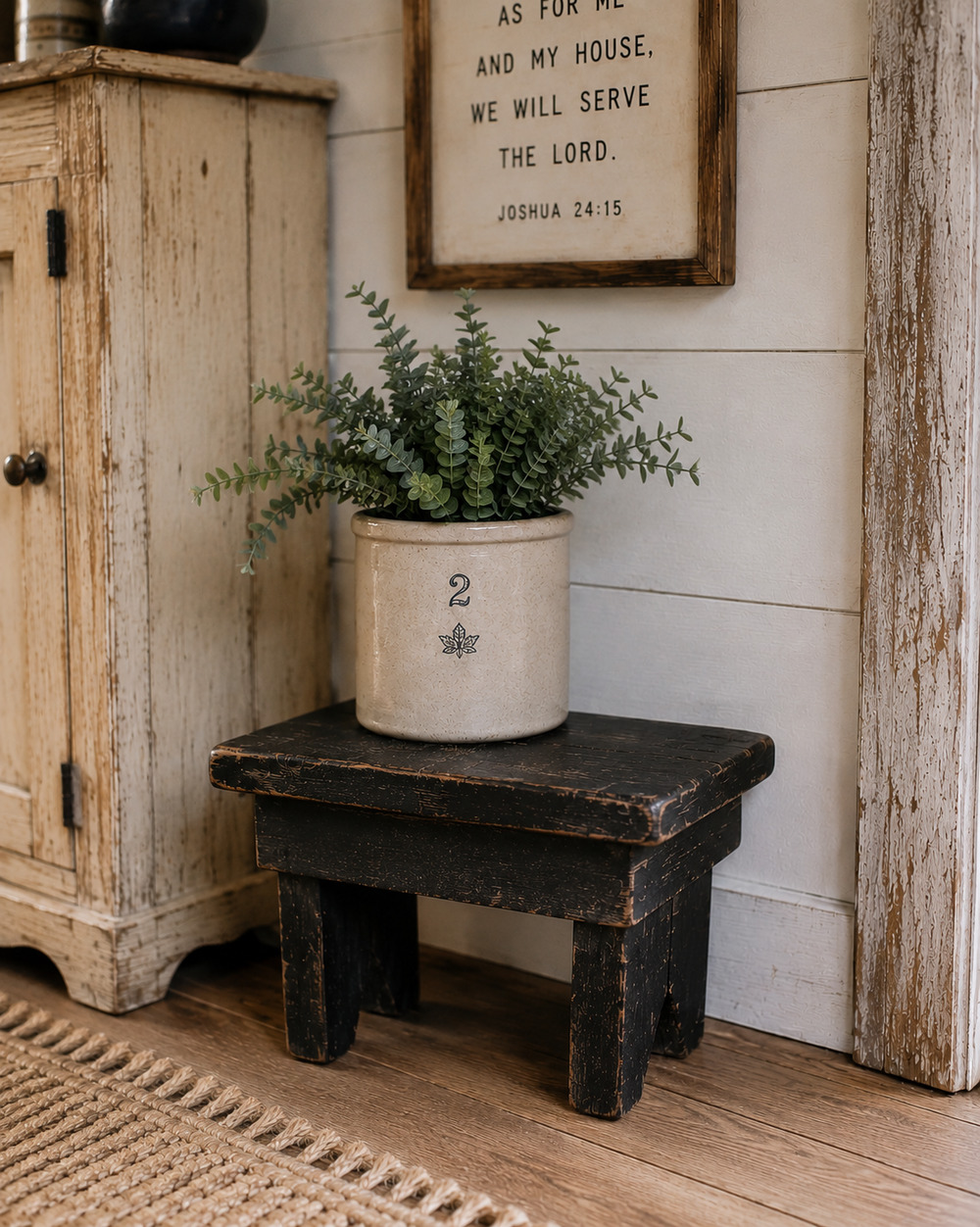 Vintage Rustic Primitive Wooden Step Stool Black Distressed